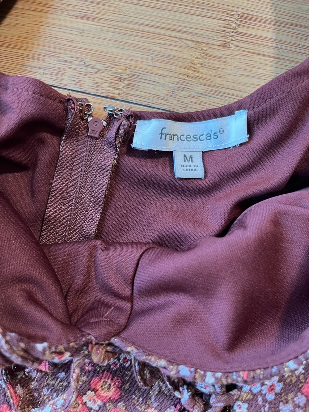 Francesca's Collections Floral Boho Burgundy Romper with Corset Style Ties - Picture 4 of 13